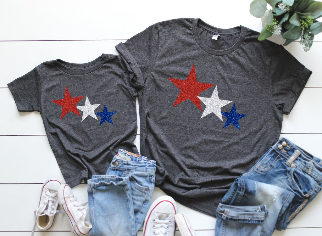 fourth of July kids, fourth of july shirts, glitter star shirts, fourth of July matching tees, patriotic mommy and me tees, memorial day tee
