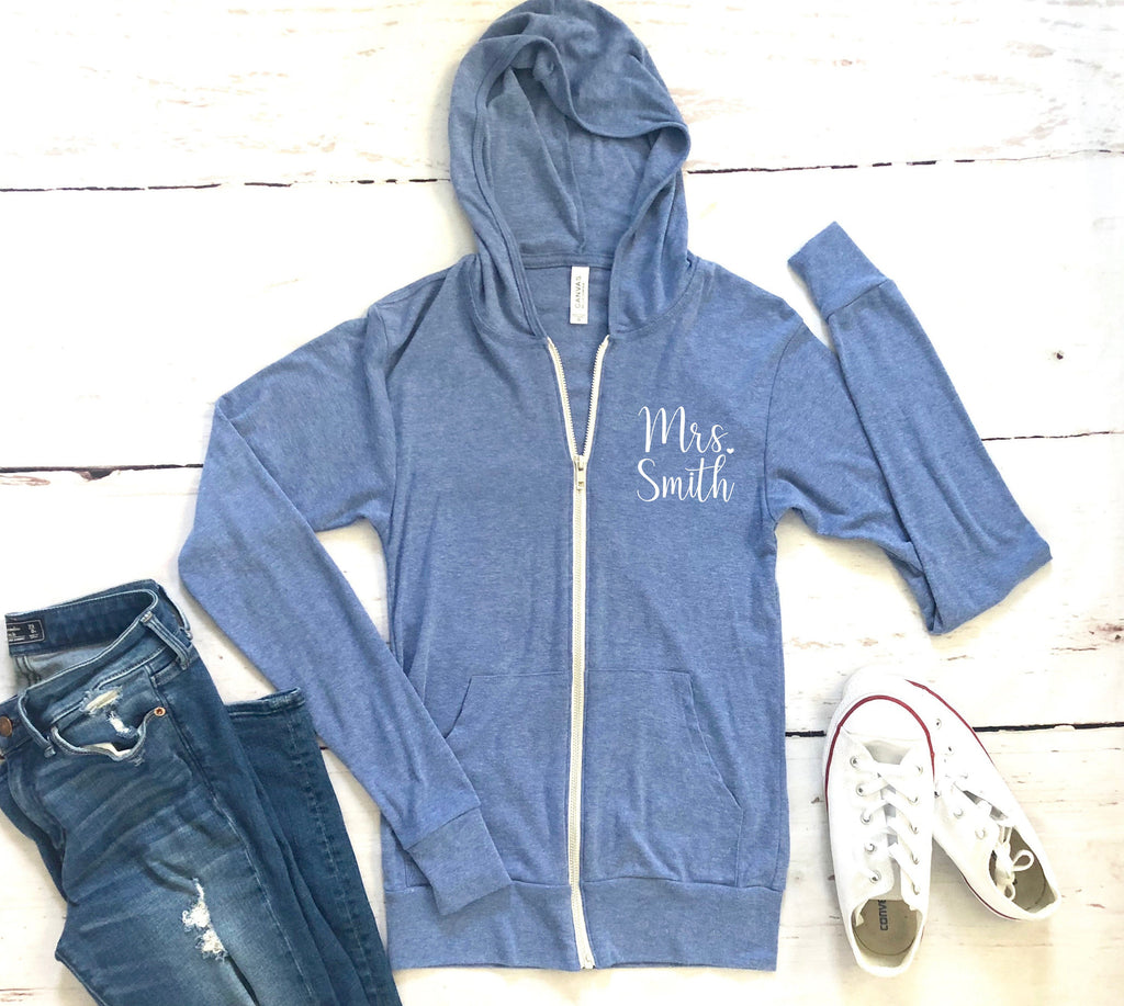 Bridal shower gift idea, something blue for bride, future mrs. sweat shirt, custom women's hoodie, fall zip up, gift idea for bride