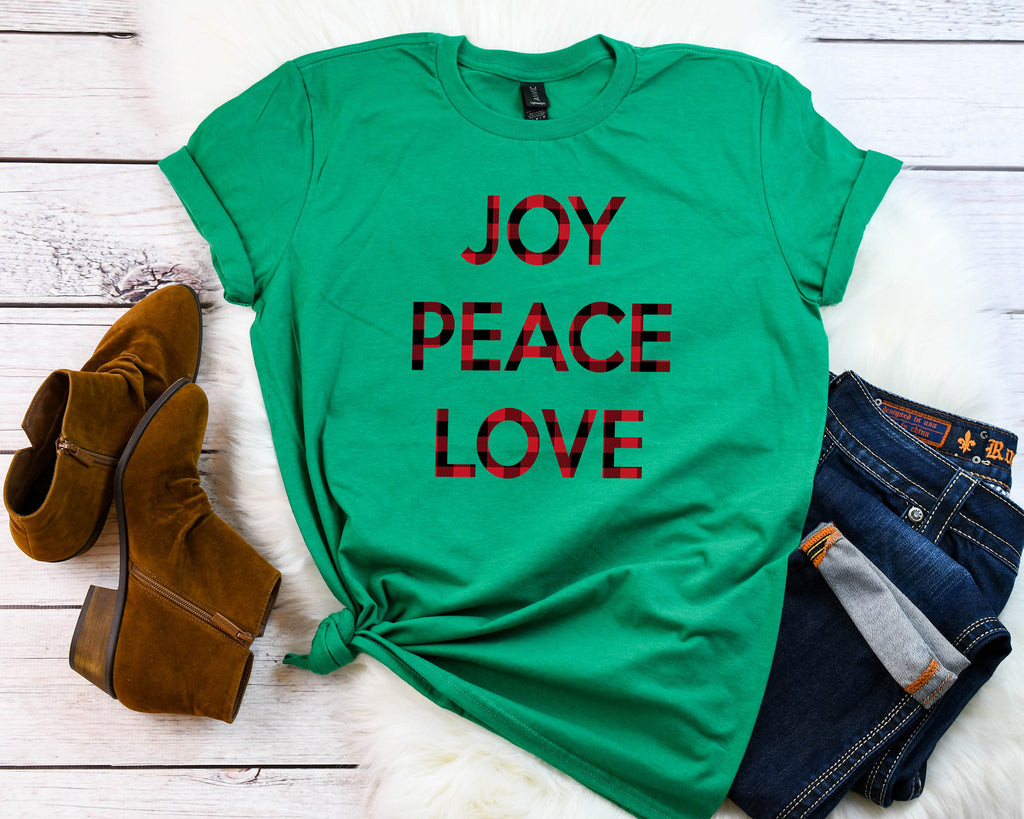 Xmas buffalo plaid t-shirt,joy peace love tee,Buffalo plaid tee,Christmas party shirt,Cute Women's Christmas shirt,Christmas top,Holiday tee