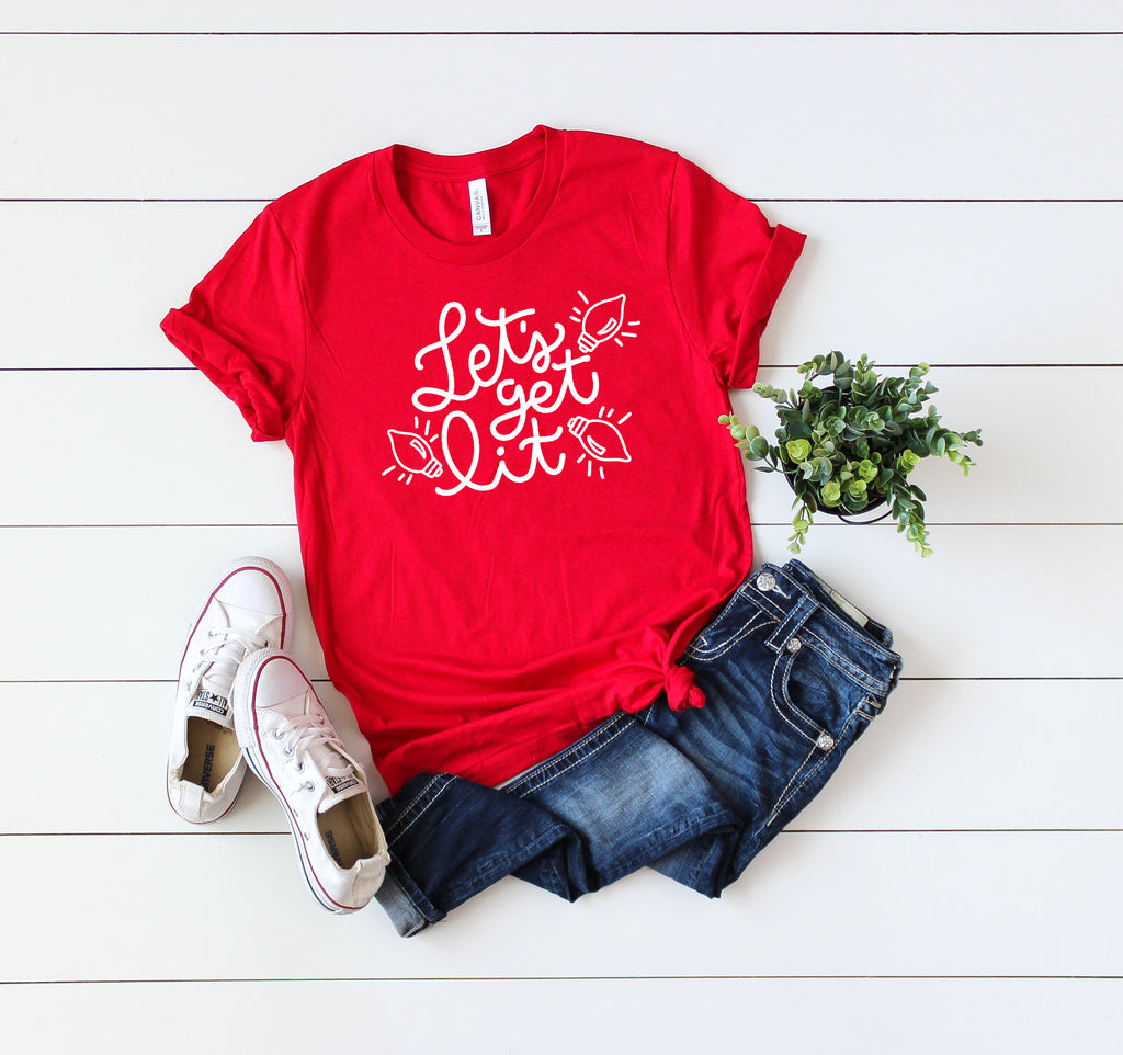 Women's holiday shirt, Funny Xmas tee, Lets get lit t-shirt, Cute winter shirt,Xmas shirt,Xmas outfit,Christmas shirt, Cute Christmas shirt,