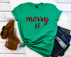 Buffalo plaid t-shirt, Merry af shirt, Buffalo Plaid Holiday tee, Cute Women's Christmas shirt, Christmas party shirt, Women's Christmas top