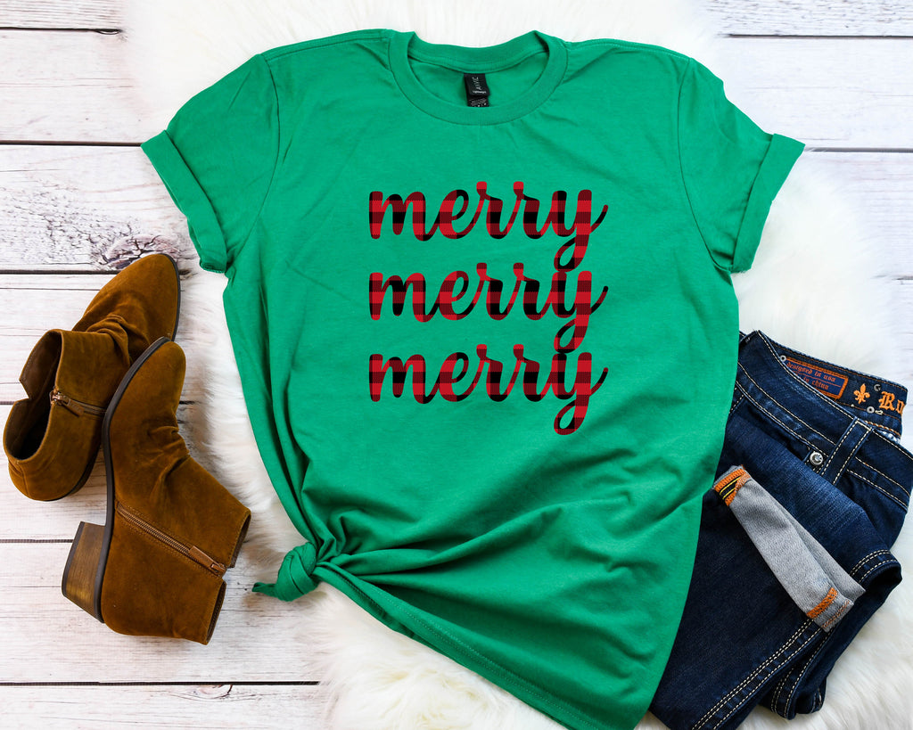 Buffalo plaid Christmas T-shirt, Merry Merry Merry shirt, Christmas party shirt, Cute Christmas shirt,Women's Christmas top, Holiday t-shirt