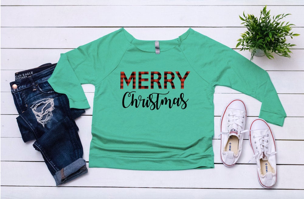 Buffalo plaid Christmas, Women's Christmas outfit ,Women's holiday top,Merry sweater,Cute Christmas top, holiday t-shirt,Women's xmas shirt