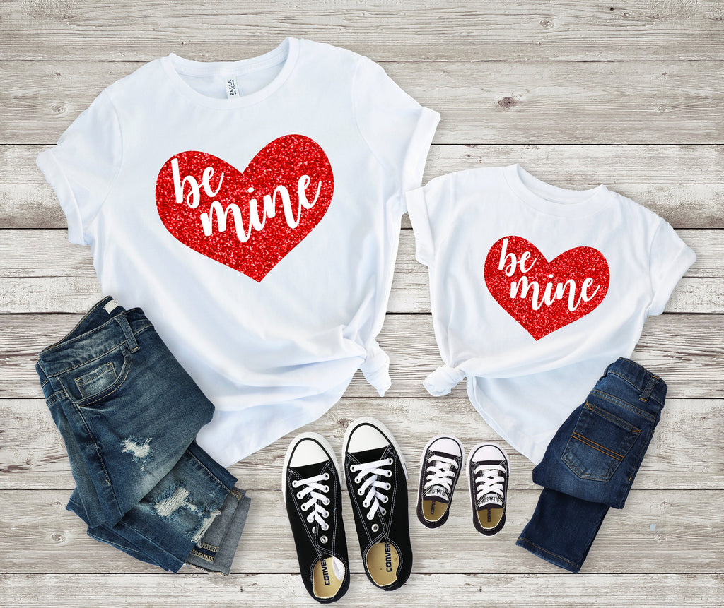 Cute Mommy and me valentines shirt - Be mine tee-Matching valentines shirt -mom and daughter valentines day shirt - Valentines Glitter shirt